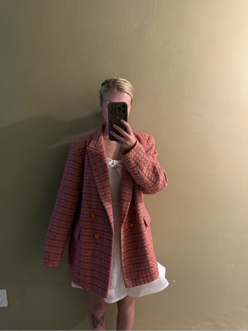 Primark Pink and orange Tweed Double-Breasted Blazer with orange buttons